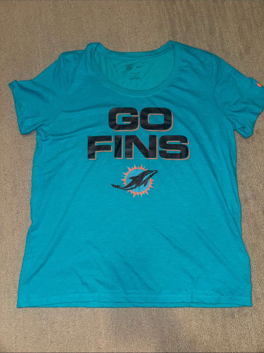 🆕 Nike Miami Dri-Fit Dolphins Teal Women's 'Go Fins' V-Neck Graphic Tee L NWT🐬🏈